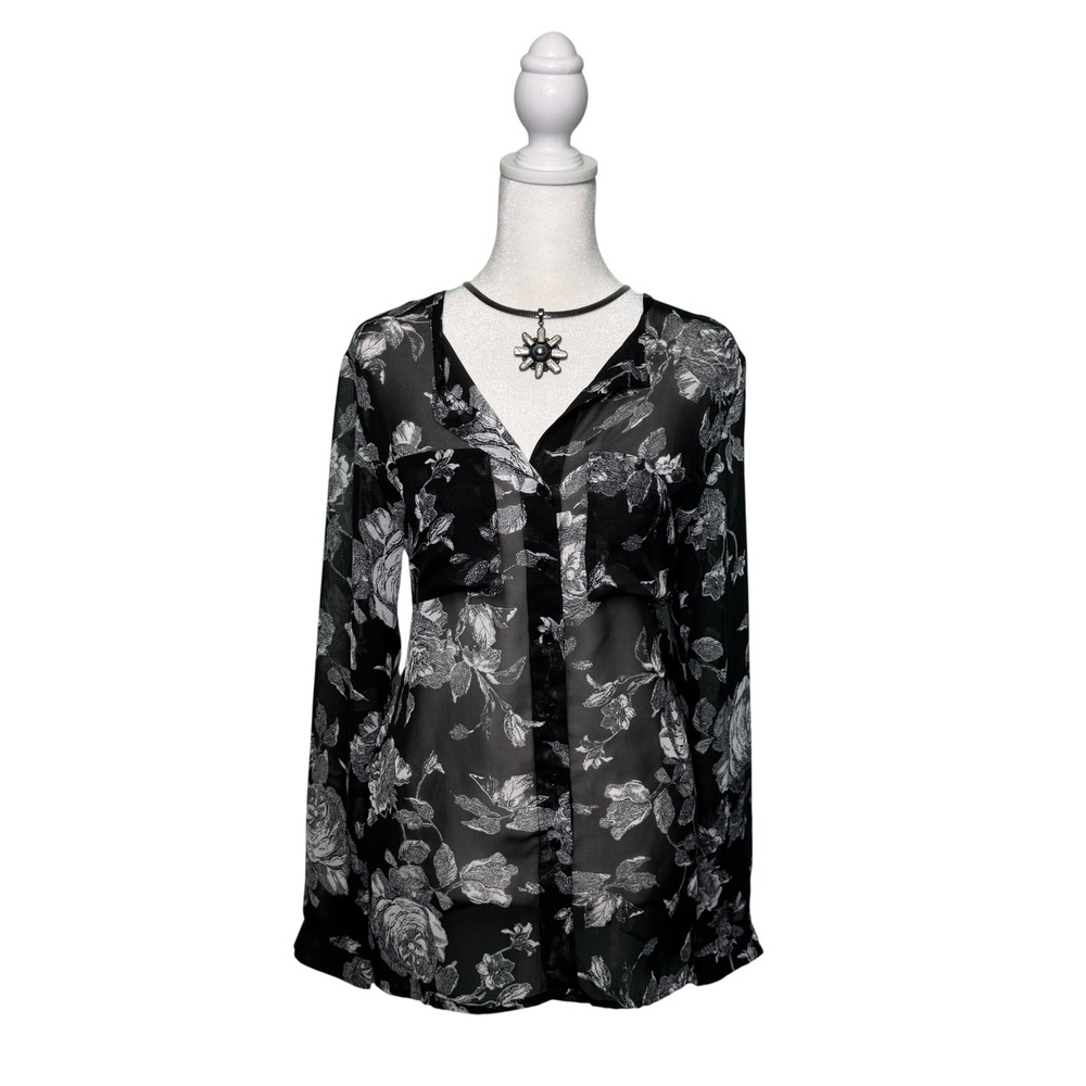 Wet Seal Floral Button Down Blouse Size Medium Y2K Sheer Vintage Whimsigoth